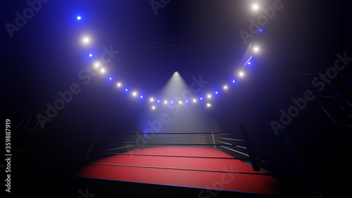 3D boxer arena. Isolated empty boxing ring with light. 3D rendering. Boxing ring with illuminated spotlights. Background