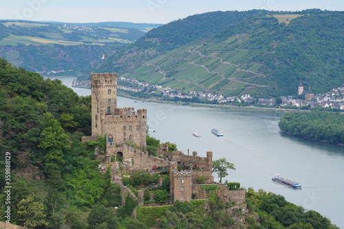 High up on the mountain view onto the castle Sooneck and the River Rhone 