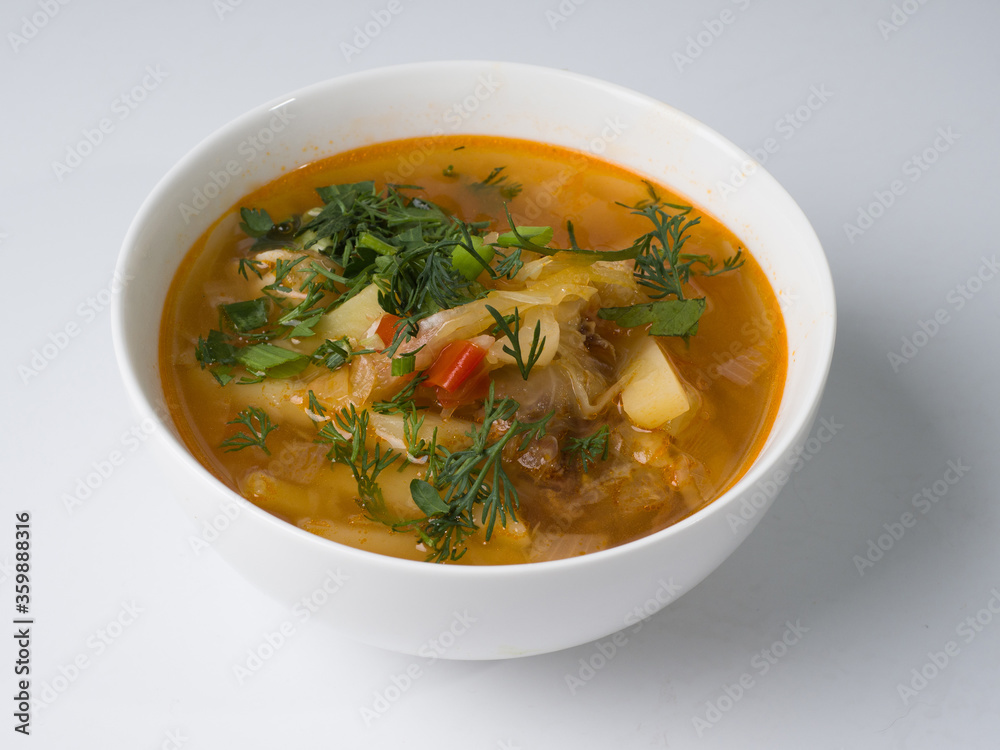 Cabbage soup. Russian traditional soup. Top view Cabbage soup. Russian traditional soup. Top view