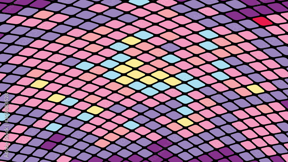 Multicolored abstract background of violet pink squares, rhombuses, rectangles tiles, mosaic with seams of glowing magical energy shiny bright beautiful