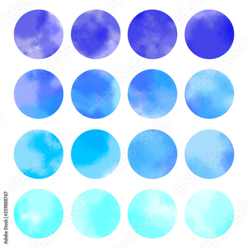 Blue and cyan watercolor circles for packaging, crafts, scrapbook, boxes, banners, cards, logos. Collection of vivid round artistic elements