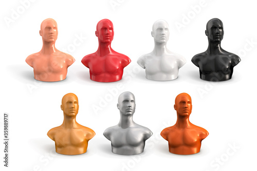 Male bust of white, black, beige, red, silver, gold, bronze color. Plastic male mannequin. Showcase of a fashionable men's store. Vector 3d realistic illustration isolated on white