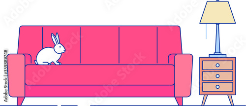 white rabbit sits relaxed on the couch,inside there is a sofa, a wardrobe and a bedside table with lamp, illustration.
