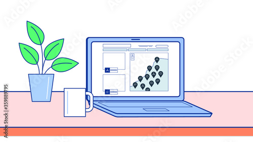 on the table sits the laptop, next to it sits a cup and a flower,illustrattion.