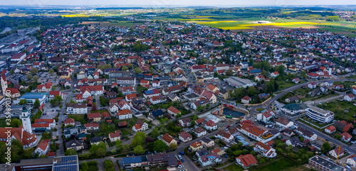 Aerial view of the city Vöhringen in Germany, Bavaria on a sunny spring day during the coronavirus lockdown. 