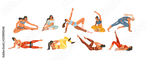 Hand drawn vector abstract stock flat graphic illustration collection set bundle with sport fitness training women in sportwear isolated on white color background.Home fitness concept