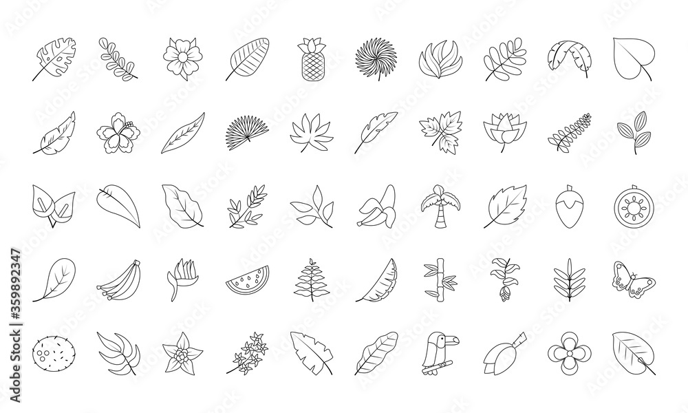 tropical leaves and flowers icon set, line style