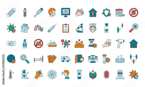 stop coronavirus icon set, line and fill style