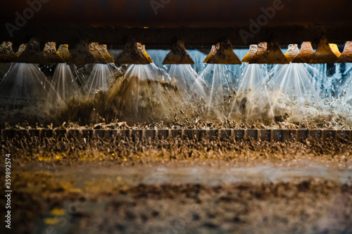 Gold mining and processing plant. Ore concentrating with vibrating screen. Industrial sieve shaker. Altynalmas company. Akbakay, Kazakhstan.
