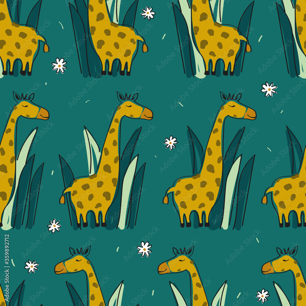 Fototapeta premium Giraffes in grass, hand drawn backdrop. Colorful seamless pattern with animals. Decorative cute wallpaper, good for printing. Overlapping background vector. Design illustration