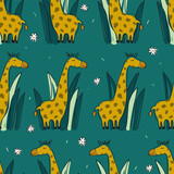 Giraffes in grass, hand drawn backdrop. Colorful seamless pattern with animals. Decorative cute wallpaper, good for printing. Overlapping background vector. Design illustration