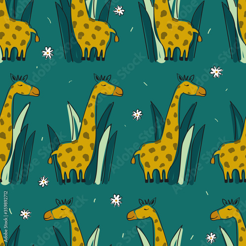 Giraffes in grass, hand drawn backdrop. Colorful seamless pattern with animals. Decorative cute wallpaper, good for printing. Overlapping background vector. Design illustration