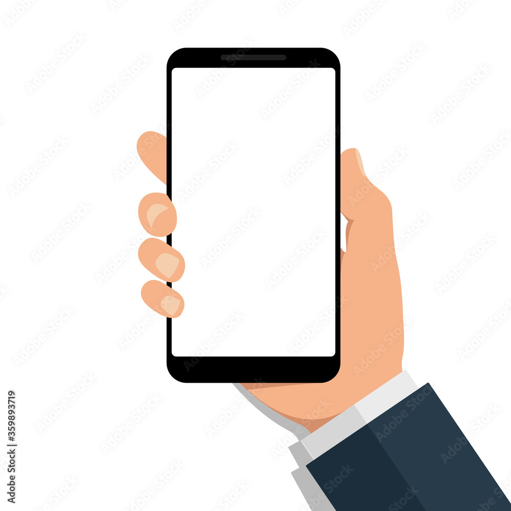 Hand holds phone with empty screen. Cartoon mobile mockup with blank touchscreen on isolated background. Flat cellphone icon for app. Black electronic device in arm. Communication concept. vector.