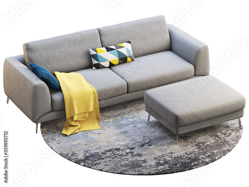 Modern gray fabric sofa with plaid, pillows, ottoman and rug. 3d render.