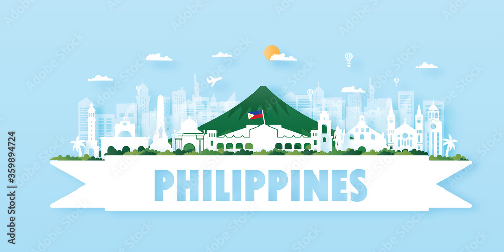 Fototapeta premium Philippines Travel postcard, poster, tour advertising of world famous landmarks. Vectors illustrations
