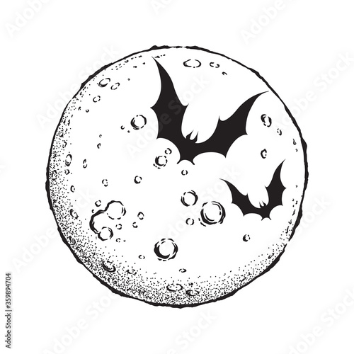 Antique style hand drawn line art and dot work full moon and bats isolated. Boho chic tattoo or print design vector illustration.
