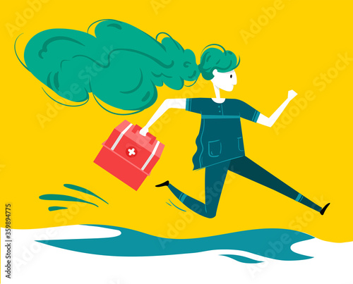 Emergency doctor with medical box run to rescue.