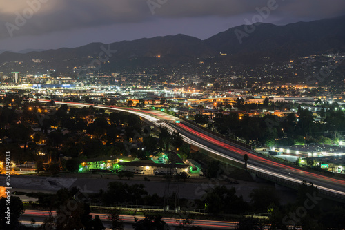 Night view of traffic on the Golden State 5 Freeway in Los Angeles and Burbank, California. © trekandphoto