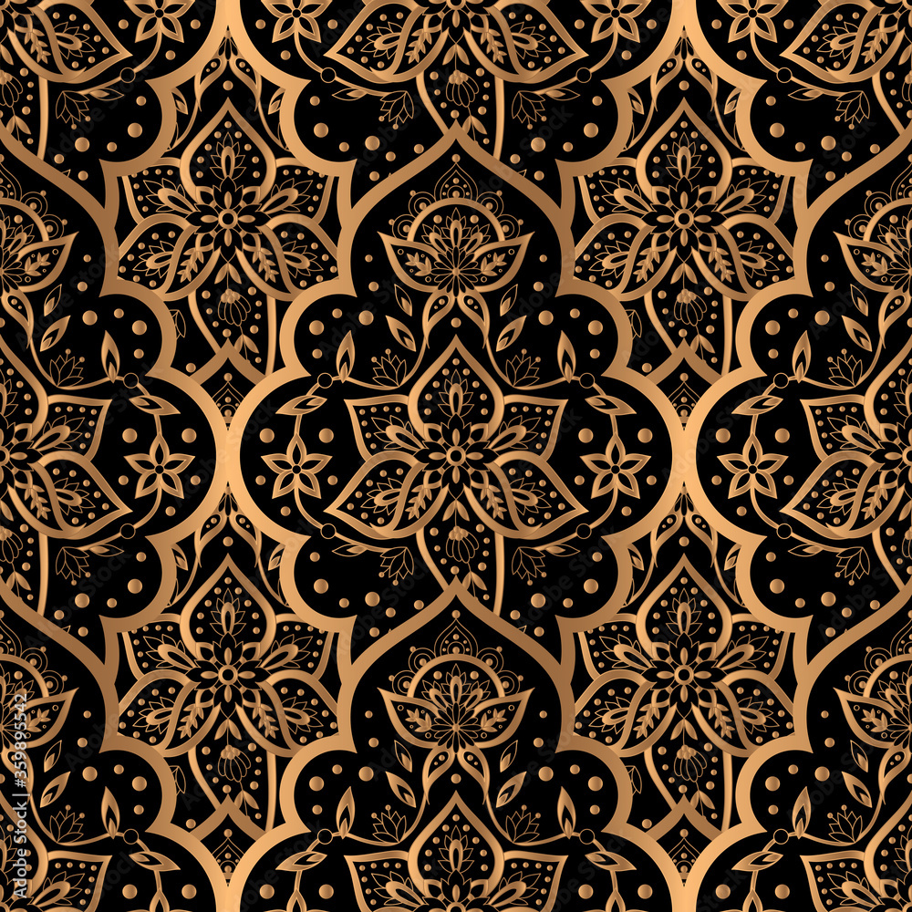 Luxury background golden vector. Arabesque paisley royal pattern seamless. Islamic design for christmas party, new year gift package, holiday wallpaper, beauty spa, yoga salon, wedding.