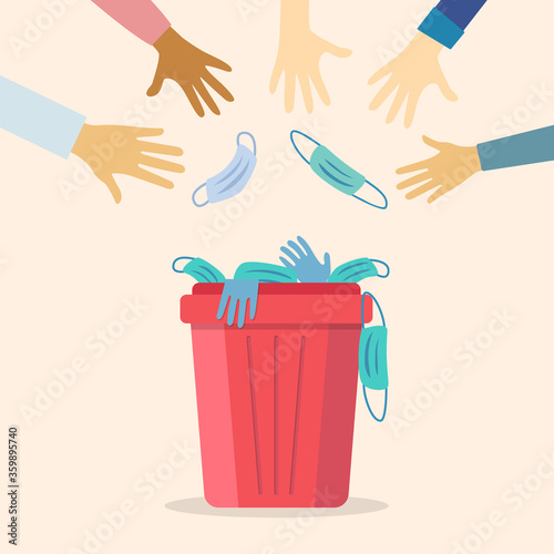 Quarantine coronavirus over concept. lockdown ending idea People celebrating that quarantine has ended victory over pandemic Hands and mask off Hands throwing medical masks into trash bin urn Vector 