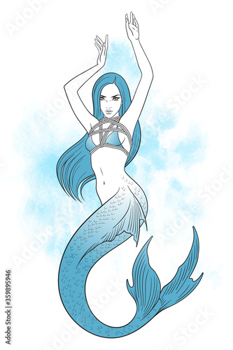 Beautiful mermaid knitted in fetish shibari bondage technique tattoo, sticker or print design vector illustration.