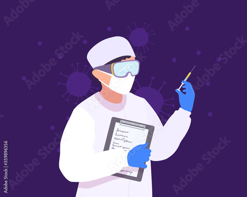 The doctor in a mask and goggles holds a syringe with a vaccine against coronavirus. Vaccinate shot. Covid-19 molecules on a colored background. A vector cartoon illustration.