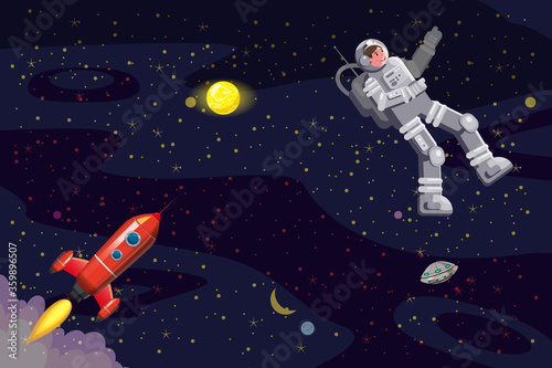 Space card background with spaceman, rocket, UFO, sun stars