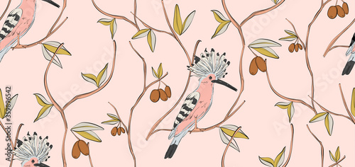 Bird seamless  pattern,nursery print.  Trendy pink floral background vector hoopoe small birds on tree with berries pattern. Kids room decoration, cloth texture, modern textile art