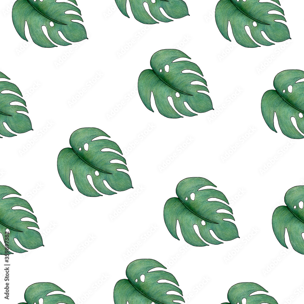 seamless pattern with tropical leaves, tropical summer background for fabric, wrapping or wallpaper, cute hand drawn illustration