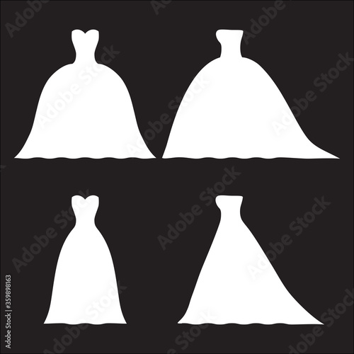 White wedding dresses silhouette on black isolated background. Dress from the front and from the side, with heart shaped neckline.