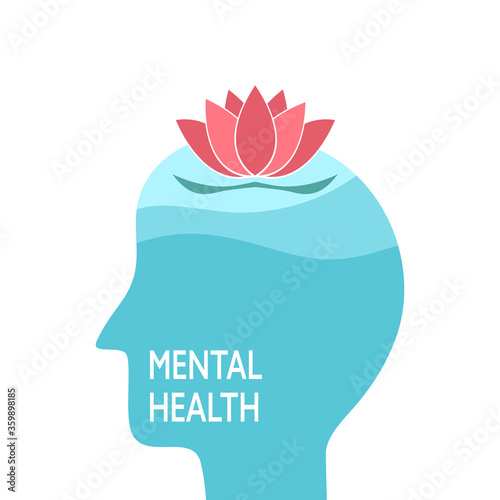 Silhouette of man’s head with lotus flower bloom inside in flat design. Mental health concept vector illustration. World mental health day. Psychological therapy and treatment.