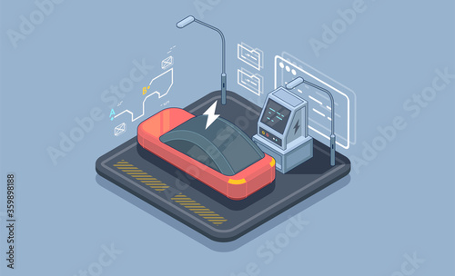 Isometric electric car parking. Charging station vector web banner template. Electric refueling. Eco transportation.