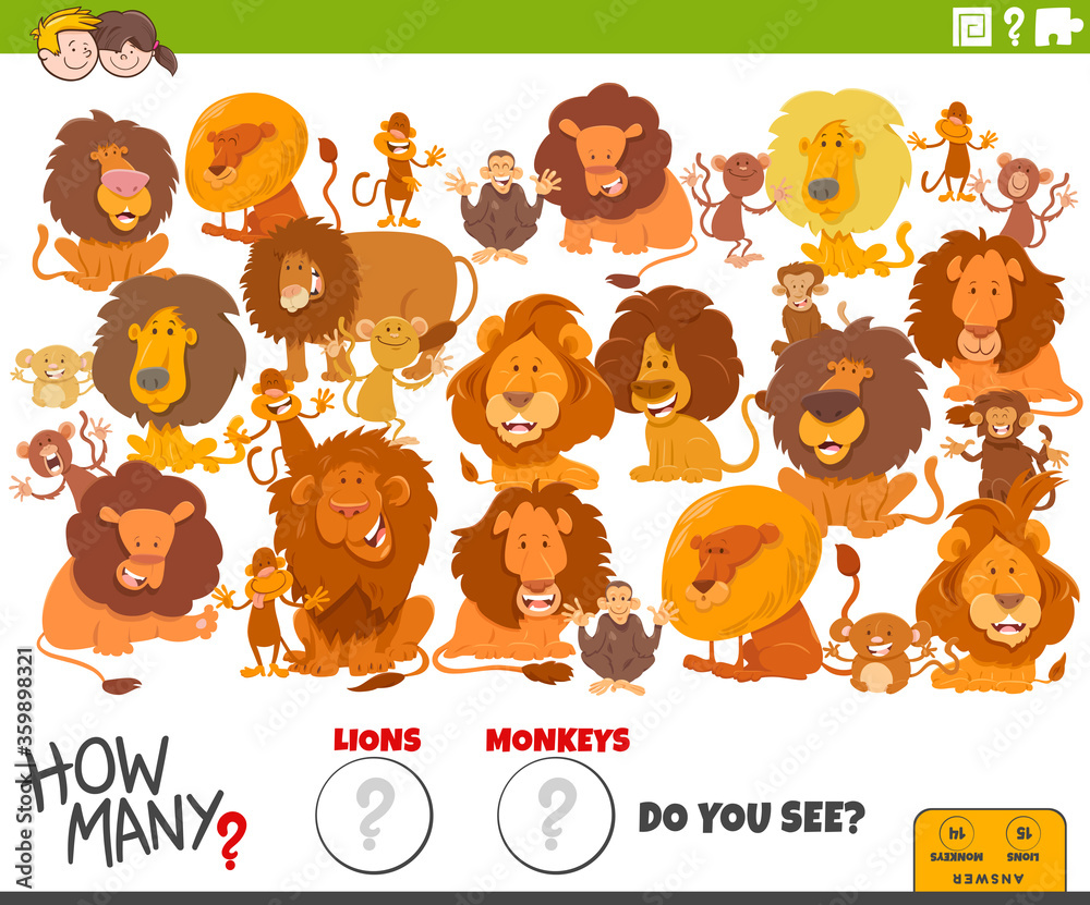 how many lions and monkeys educational task for children Stock Vector