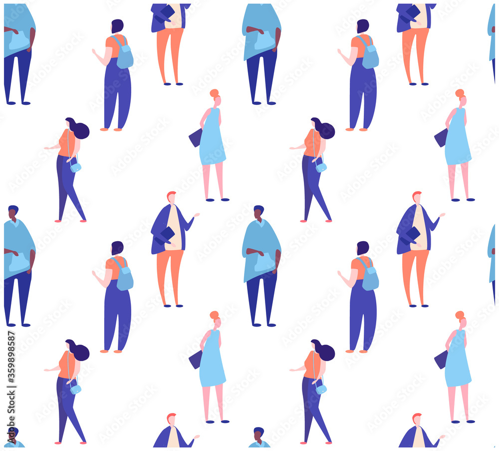 Seamless pattern with flat people walking on street. Backdrop with men and women who communicate, talk. Colorful vector illustration in flat cartoon style for wallpaper, fabric print..