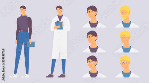 Male pharmacist character with various heads and faces. Vector concept illustration