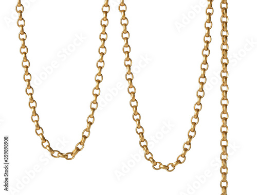Fragment of a yellow metal chain on a white background. Isolated