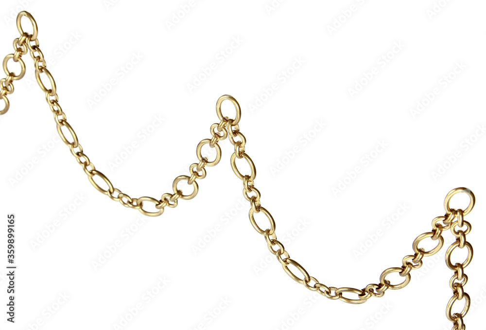 Fragment of a yellow metal chain on a white background. Isolated Fragment of a yellow metal chain on a white background. Isolated