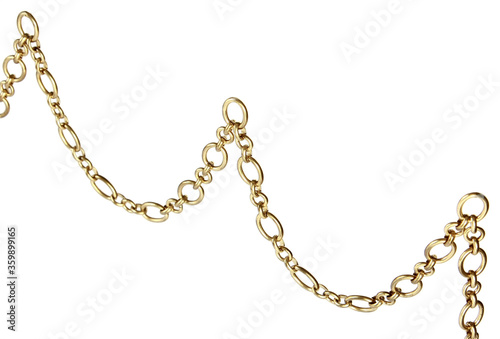 Fragment of a yellow metal chain on a white background. Isolated