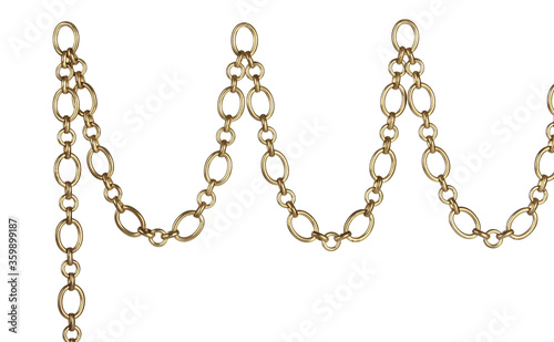Fragment of a yellow metal chain on a white background. Isolated