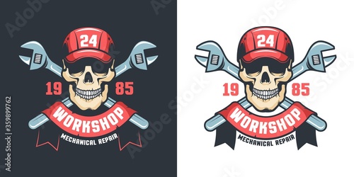 Worker skull Mechanic workshop vintage emblem. Skeleton handyman and adjustable wrench. Repair service retro logo. Vector illustration.