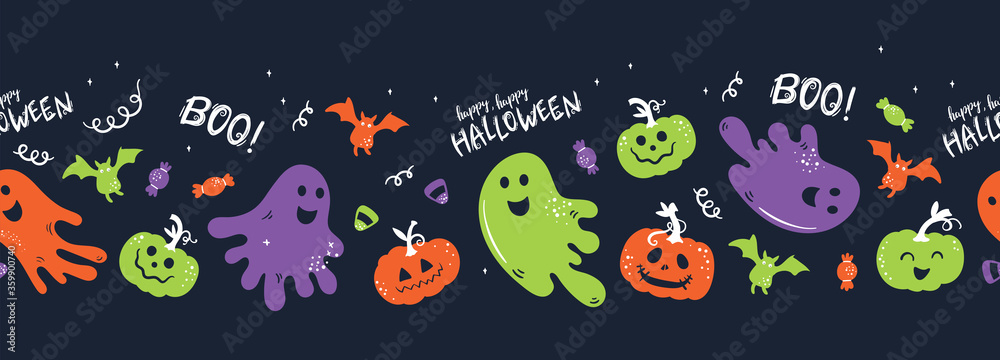 Fun hand drawn Halloween horizontal seamless pattern, cute ghosts, pumpkins, bats and decoration, great for textiles, wrapping, banners, wallpapers - vector design