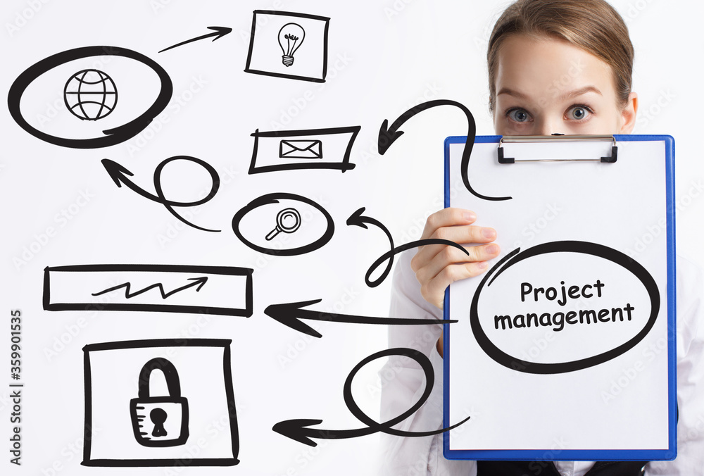 Business, technology, internet and network concept. Young businessman thinks over the steps for successful growth: Project management Business, technology, internet and network concept. Young businessman thinks over the steps for successful growth: Project management