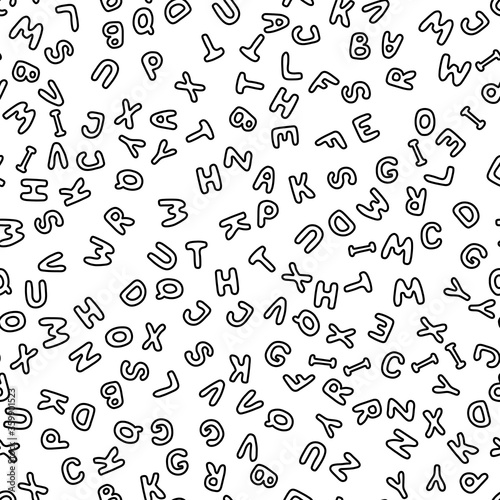 Vector illustration. Seamless pattern of black English letters on white background.