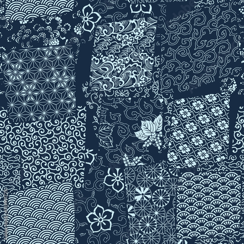 Japanese traditional style fabric patchwork wallpaper abstract floral vector  seamless pattern 
