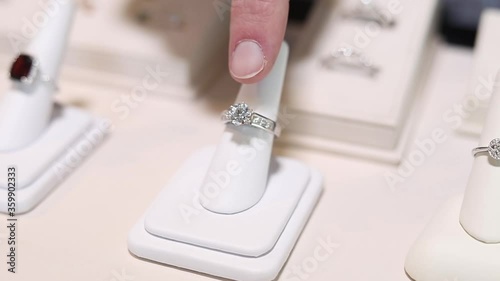 Wallpaper Mural Finger pointing to the silver engagement ring. Close up video showing silver ring on the white display. Torontodigital.ca