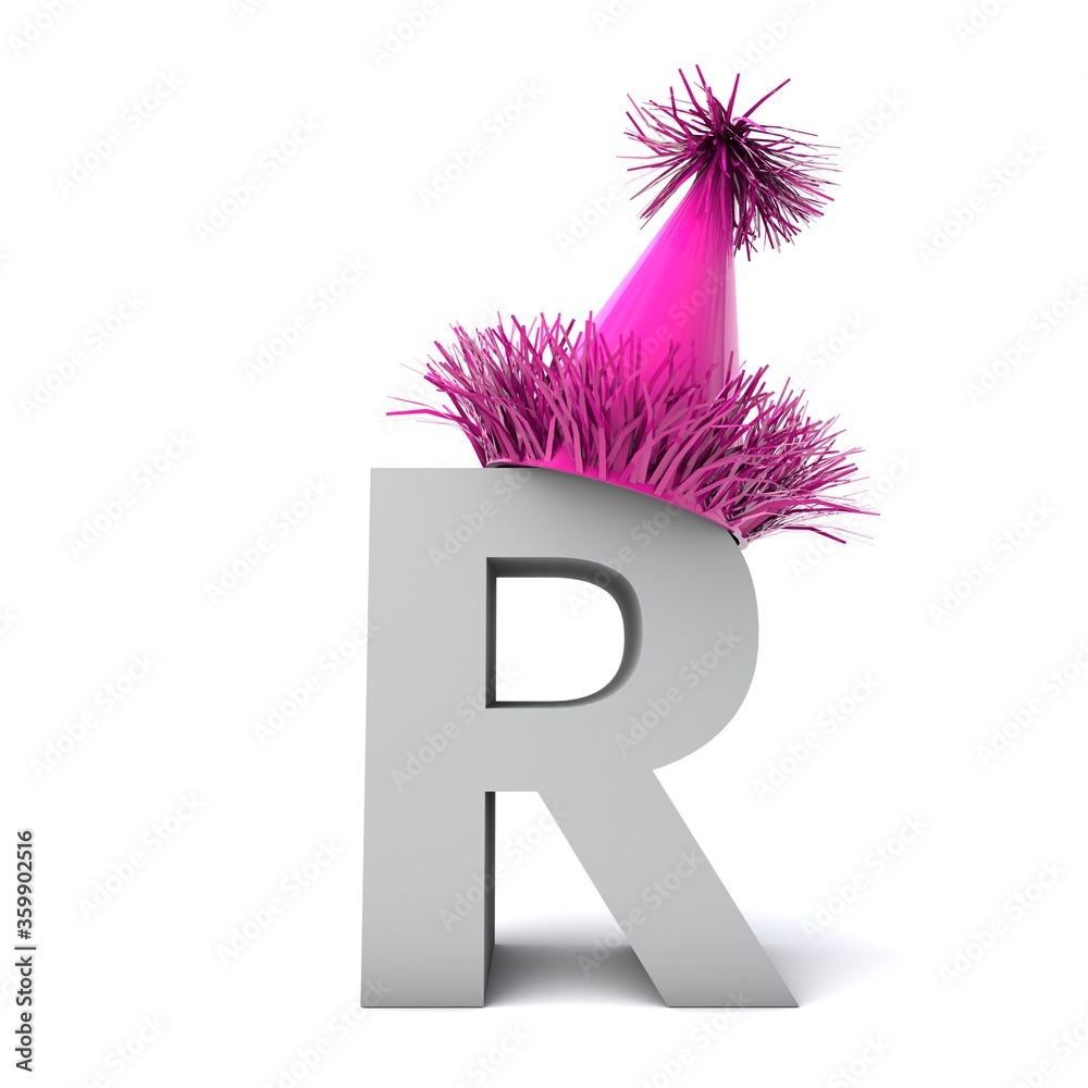 3D illustration of letter R wearing a party hat 3D illustration of letter R wearing a party hat