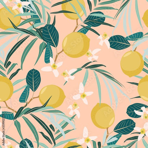Seamless citrus pattern with palm leves. Hand drawn illustration with lemons. Template for print, textile,wallpaper cover and box design.
