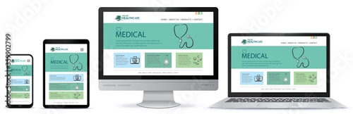 Healthcare and Medical User Interface Design for Web Site and Mobile App. Laptop, Desktop Computer Monitor, Tablet PC and Mobile Phone Vector Illustration.
