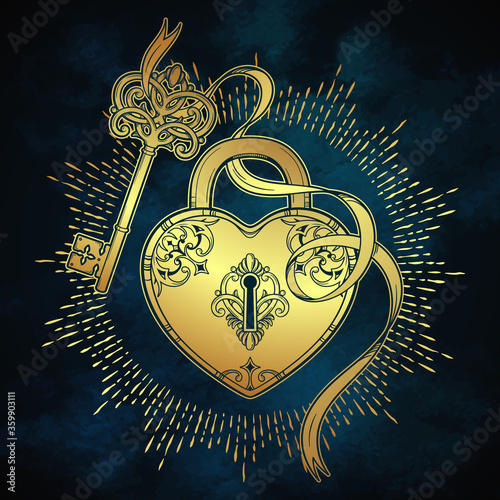 Golden key and heart shaped padlock in vintage style coloring book page for kids and adults hand drawn line art print or tattoo design vector illustration.
