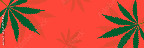 Cannabis leaves, marijuana plants concept long horizontal banner design on orange color background.